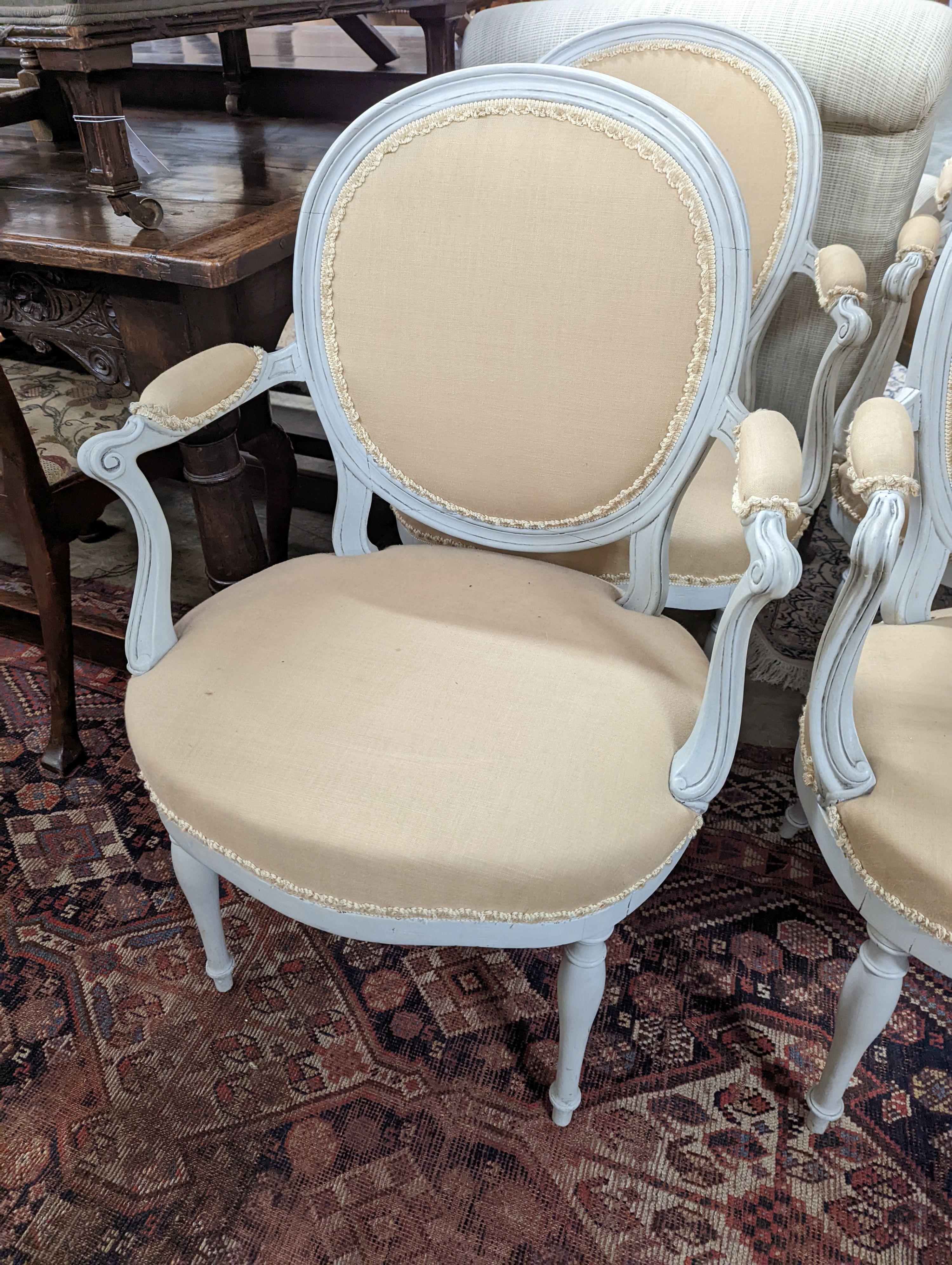 A set of four modern French painted open armchairs, width 60cm, depth 46cm, height 90cm